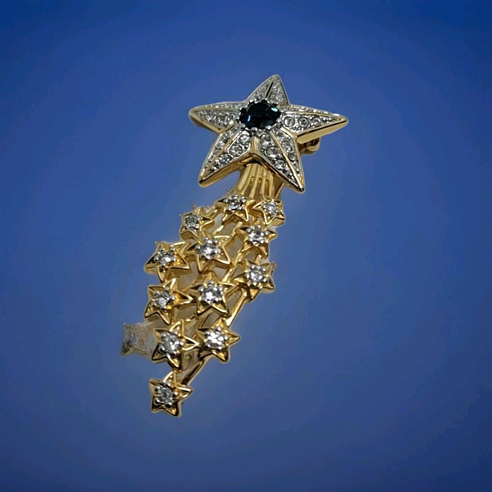 Barbara Mandrell Vintage Shooting Star Brooch Pin Rhinestone Gold Tone